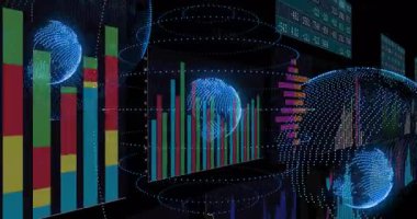 Veri tablolarıyla dijital dünyanın animasyonu, okuldaki küresel analizleri gösteriyor. Teknoloji, eğitim, fütüristik, etkileşimli, görselleştirme, bilgi