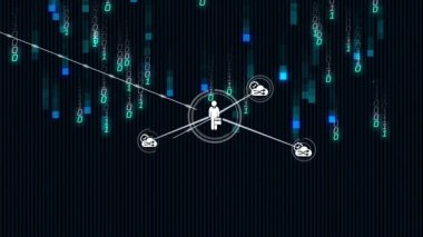 Okulda ağ bağlantılarını temsil eden ikili kod ve insan simgelerinin animasyonu. Teknoloji, ağ, dijital, iletişim, öğrenciler, eğitim