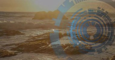 Okyanus dalgaları dijital teknoloji animasyonlarıyla kayalara çarpıyor. yenilik, doğa, fütürist, model