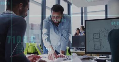 Finansal grafikleri analiz etmek, modern ofis animasyonlarında çalışan iş adamları. şirket, finans, takım çalışması, işbirliği, teknoloji, veri analizi