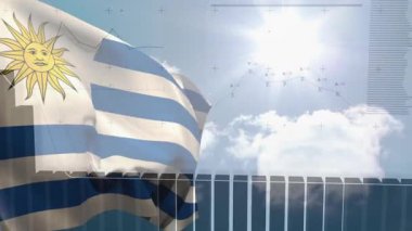 Parlak gökyüzüne karşı finansal veri haritalarının canlandırılmasında Uruguay bayrağı sallıyordu. Maliye, ekonomi, yatırım, analitik, istatistik, vatanseverlik