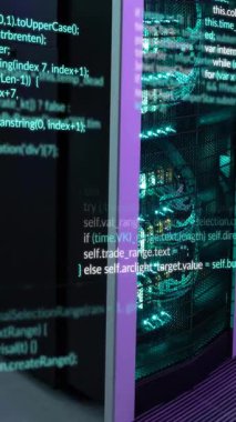 Sunucu odasında veri işleme animasyonu. küresel iş ve dijital arayüz kavramı dijital olarak oluşturulmuş video.