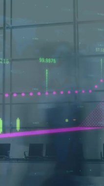 Dünya haritası üzerinde işlenen istatistiksel veriler, ofiste yürüyen insanların zaman atlamalarına karşı. iş ve teknoloji kavramı