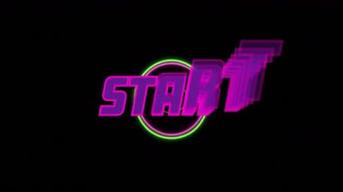 Siyah zemin üzerinde neon yeşil çember olan kalın pembe START metninin animasyonu. Tipografi, tasarım, kontrast, canlı, minimal, dijital