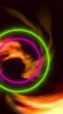 Siyah arkaplanda neon halkalar üzerine turuncu duman animasyonu. gölge, desen ve renk konsepti dijital olarak oluşturulmuş video.