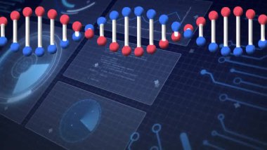 İkili kodlama ile DNA ipliği, animasyon tarzında bilimsel veri işleme. Biyoteknoloji, genetik, dijital, yenilik, fütüristik, bilim