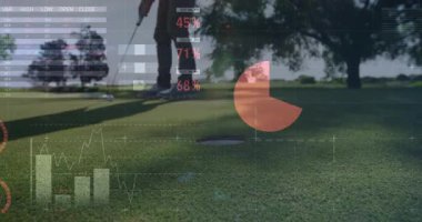 Golfçüler yeşile boyarken küresel istatistiklerin animasyonu örtüşüyor. spor, veri, analiz, etkileşimli