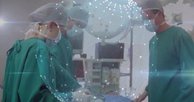 Ameliyat, dijital ağı olan cerrahlar ameliyathanede. Sağlık, teknoloji, yenilik, tıbbi, geleceksel, işletme