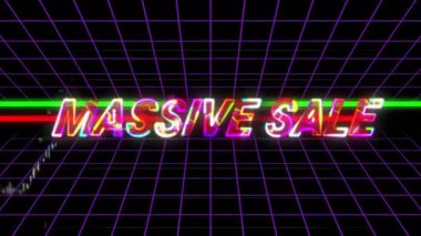 Retro ızgara arka plan animasyonu üzerinde canlı renklerde toplu indirimli metin. İndirim, tasfiye, promosyon, reklam, perakende, dijital