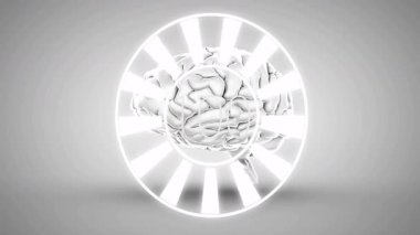 Gri arka planda beyin çizimi olan parlak radyal çizgilerin animasyonu. Beyin fırtınası, yaratıcılık, akıl, yenilik, sinirsel, teknoloji