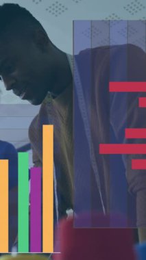 Animation of financial data processing over african american business people in office. global finances, technology and digital interface concept digitally generated video.