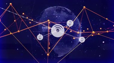 Dijital arkaplan üzerinde ağ bağlantıları ve veri işleme animasyonu. Teknoloji, yenilik, iletişim, bağlantı, internet, küresel