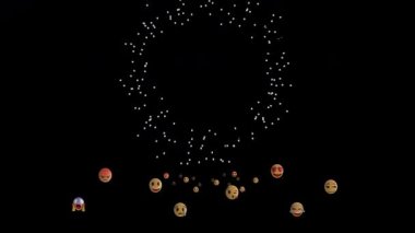Siyah arkaplanda beyaz noktalar etrafında yüzen emoji yüzlerinin animasyonu. dijital sanat, minimalizm, şablon, canlı, oyuncu