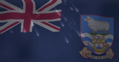 Falkland Adaları bayrağını kaplayan ikili kod animasyon dijital kavram sahnesinde. Teknoloji, siber güvenlik, kodlama, veri, şifreleme, ulusal bayrak