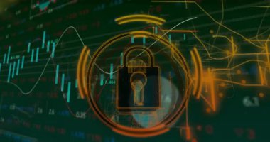 Güvenli veri görselleştirmesi için finansal tablolar ve grafikler üzerinde kilit sembolü canlandırılıyor. Güvenlik, finans, dijital, şifreleme, koruma, teknoloji
