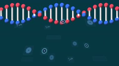 Bilimsel veriler işleniyor, DNA ipliği animasyondaki ikili kodlama ile iç içe geçiyor. Bilim, teknoloji, genetik, biyoenformatik, dijital, yenilik