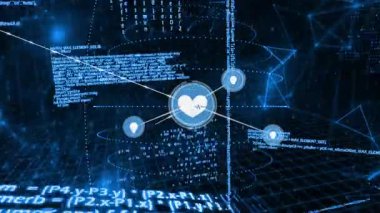 Mavi ikili kod üzerine bağlı kalp simgeleri ve dijital arkaplanda animasyon. Teknoloji, ağ, veri, birbiriyle bağlantılı, siber güvenlik, yenilik