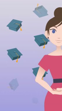 Mezuniyet şapkaları üzerinde konuşan kadın animasyonu. Ulusal danışmanlık ayı ve dijital olarak oluşturulan kutlama konsepti.