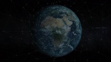 Animasyon, Dünya 'nın uzaydaki veri noktalarıyla çevrili olduğunu gösteriyor. Teknoloji, bağlantı, küresel, dijital, astronomi, siber uzay