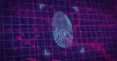 İkili kod ve verilerle dijital ızgara üzerinde parmak izi taraması. Biyometrik, siber güvenlik, kimlik doğrulama, teknoloji, kimlik, güvenlik