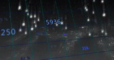 Dijital verilerin animasyonu ve soyut dağ manzarasını kaplayan ikili kod. Teknoloji, fütürist, sanal, ağ oluşturma, görselleştirme