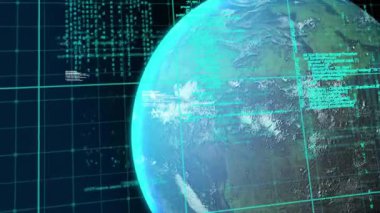 Dijital kod ve veri işleme animasyonu uzayda dönen Dünya üzerinde. Teknoloji, dünya, siber uzay, fütüristik, küresel, ağ