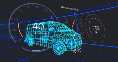 Animasyon, hız, varış noktası, pil seviyesi olan fütüristik araba göstergesi. Teknoloji, yenilik, özerklik, ulaşım, arayüz, dijital