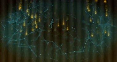 Çizgili arka plan animasyonu üzerinden dijital para birimi sembolleri ve ağ bağlantıları. Kripto para birimi, engelleme zinciri, fintech, finans, ağ, teknoloji