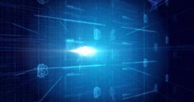Fütürist mavi arka planda dijital animasyon içinde parlayan Bitcoin sembolü. Kripto para birimi, engelleme zinciri, finans, dijital para birimi, teknoloji, yatırım