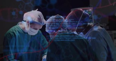 Cerrahlar DNA ipliği ve veri işleme animasyon örtüsüyle ameliyat yapıyorlar. Cerrahi, biyoteknoloji, yenilik, genetik, tıbbi, geleceksel