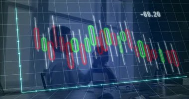 Ofiste, kırmızı ve yeşil çizgilerle finansal veri grafiğini gösteren animasyon. Analizler, finans, büyüme, grafikler, istatistikler, ekonomi