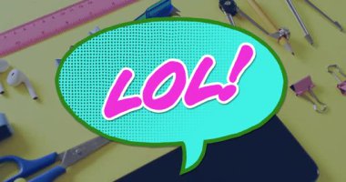 LOL animasyonu! Ofis malzemelerinin üzerinde yıldızlar olan konuşma balonu. Çizgi film, mizah, mizah, ifade, kırtasiye, yaratıcılık