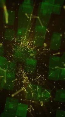 Siyah arkaplanda yeşil kare simgesine karşı sarı bağlantı ağının dijital animasyonu. küresel ağ ve teknoloji kavramı