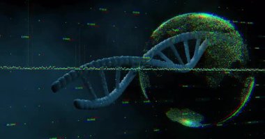 İkili kodlama ile DNA ipliği, bilimsel verileri animasyon tarzında işliyor. Genetik, biyoteknoloji, dijital, veri analizi, biyoenformatik, yenilik