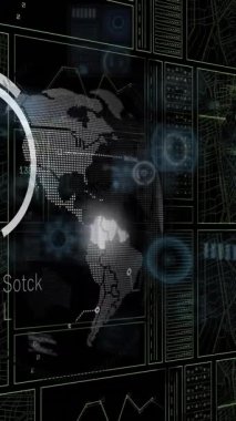 Siyah arka planda dairelerin ve veri işlemenin animasyonu. küresel teknoloji ve dijital arayüz kavramı dijital olarak oluşturulmuş video.