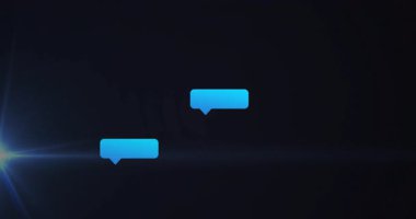 Siyah arka planda yüzen mavi ve beyaz sohbet baloncuklarının animasyonu. İletişim, iletişim, mesajlaşma, dijital, teknoloji, diyalog