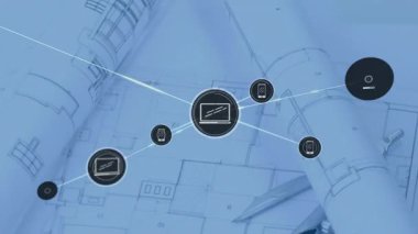 Ayrıntılı arkaplanda bağlı aygıtlar ve veri simgelerine sahip ağın canlandırılması. Teknoloji, bağlantı, dijital, yenilik, iletişim, fütüristik