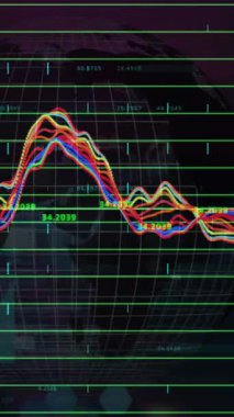 Dönen dünya üzerindeki finansal grafik ve verilerin animasyonu. küresel finans, ekonomi, iş ve dijital arayüz kavramı dijital olarak oluşturulmuş video.