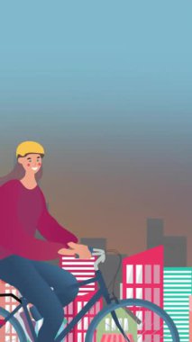 Şehirde bisikletle gezen mutlu aile animasyonu. İş günü ulusal bisiklet ve dijital olarak üretilen video konsepti.