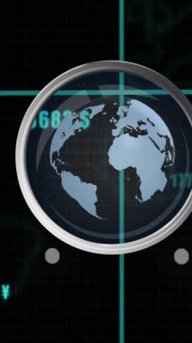 Dünya haritasının animasyonu ve finansal veri işleme üzerine büyüteç. küresel bağlantılar, iş dünyası, dijital arayüz, teknoloji ve ağ konsepti dijital olarak oluşturulmuş video.
