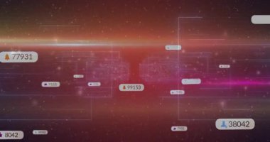 Fütürist kırmızı arka planda yüzen sayıların ve dijital veri noktalarının animasyonu. Teknoloji, sanal, ağ, yenilik, soyut, siber uzay