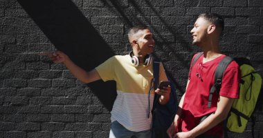 İki mutlu çift ırklı arkadaş sokakta akıllı telefon kullanıyor. Sırt çantalı tatil şehir seyahati.