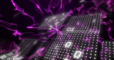 Mor şekiller üzerinde ikili kodlama. Teknoloji, şablon ve dijital arayüz kavramı dijital olarak oluşturuldu.