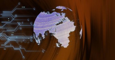 Bağlantılar ağının üzerinde dönen dünyanın görüntüsü. Küresel iş, teknoloji ve dijital arayüz kavramı dijital olarak oluşturulmuş görüntü.