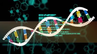Animasyonda DNA ipliği ve ikili kodlama ile bilimsel veri işleme. Biyoteknoloji, genetik, veri analizi, dijital, araştırma, hesaplama