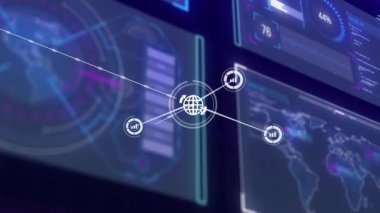 Ağ bağlantıları ve veri işleme animasyonuyla dijital arayüz. Teknoloji, bağlantı, fütüristik, yenilik, iletişim, soyut