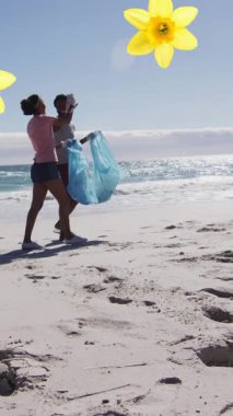 Sahilde yürüyen ve çöpleri toplayan Afrikalı Amerikalı çiftin nergislerinin animasyonu. Çevre koruma gönüllüleri, plaj temizleme konsepti dijital olarak oluşturulmuş video.