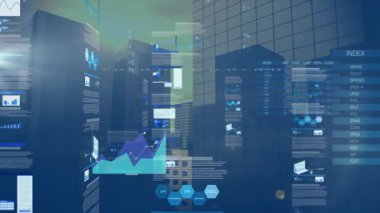 Fütürist ortamda finansal verileri gösteren dijital grafik ve grafiklerin animasyonu. Finans, yatırım, analitik, sanal, teknoloji, yenilik