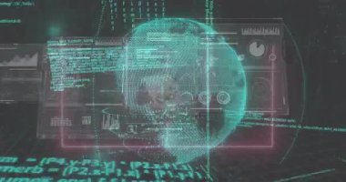 İkili kod ve dijital dünyanın etrafında metni animasyonda yüzdürmek. Teknoloji, siber uzay, bilgisayar bilimi, veri, internet, yazılım