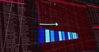 Okul sunumunda artan çubuk grafiği kırmızı dijital kod arkaplanı üzerinde canlandırılıyor. Veri, analitik, teknoloji, büyüme, ilerleme, istatistik